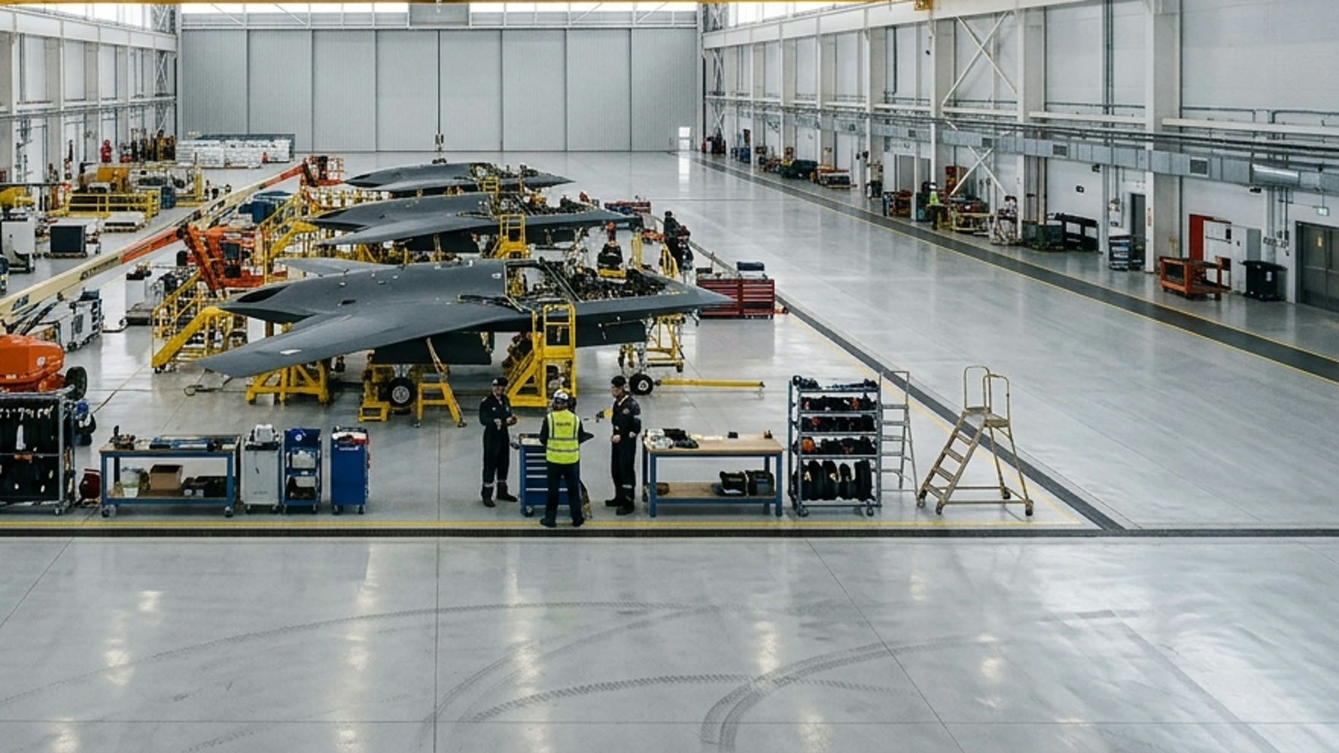 Concept rendering of the WRAITH final assembly line at FORGE-2: twelve stations of cranked-delta airframes with twin canted tail fins in production jigs, technicians at station platforms, DataMatrix marks on every major structure.