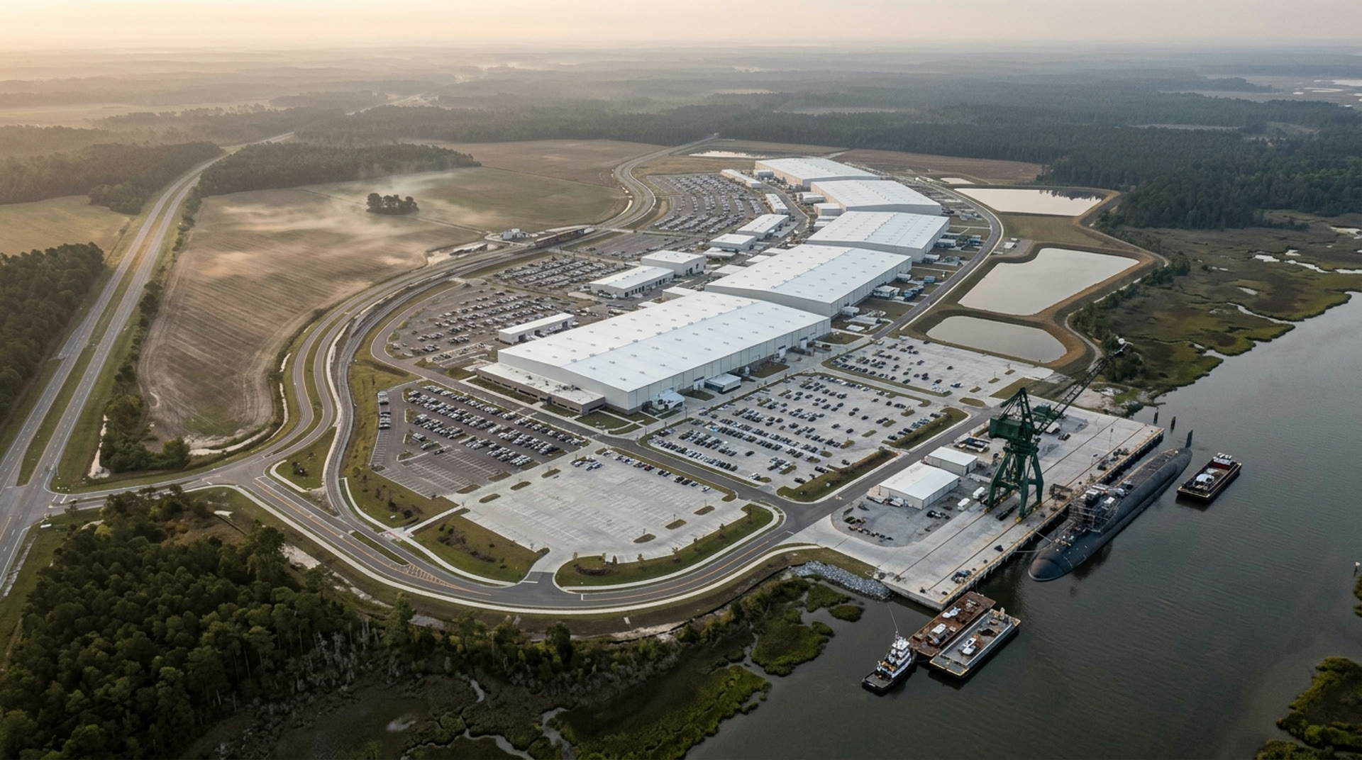 Concept rendering of the outfitting quay at FORGE-2: a LEVIATHAN extra-large uncrewed undersea vehicle on the shiplift platform alongside 1,850 feet of bulkhead, with the Savannah River channel beyond.