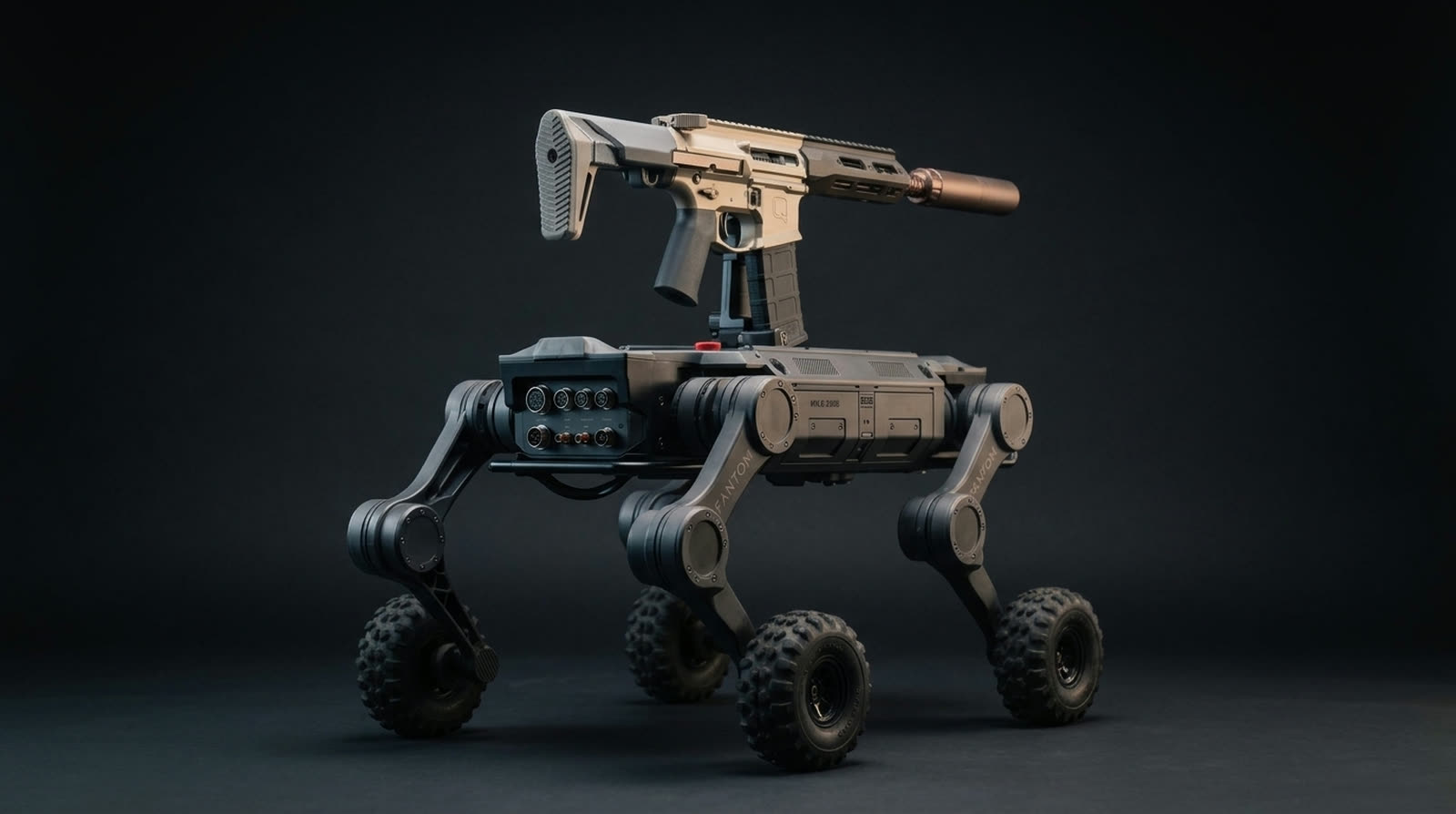 GRIM from behind, showing the rear connector panel and the folded stock