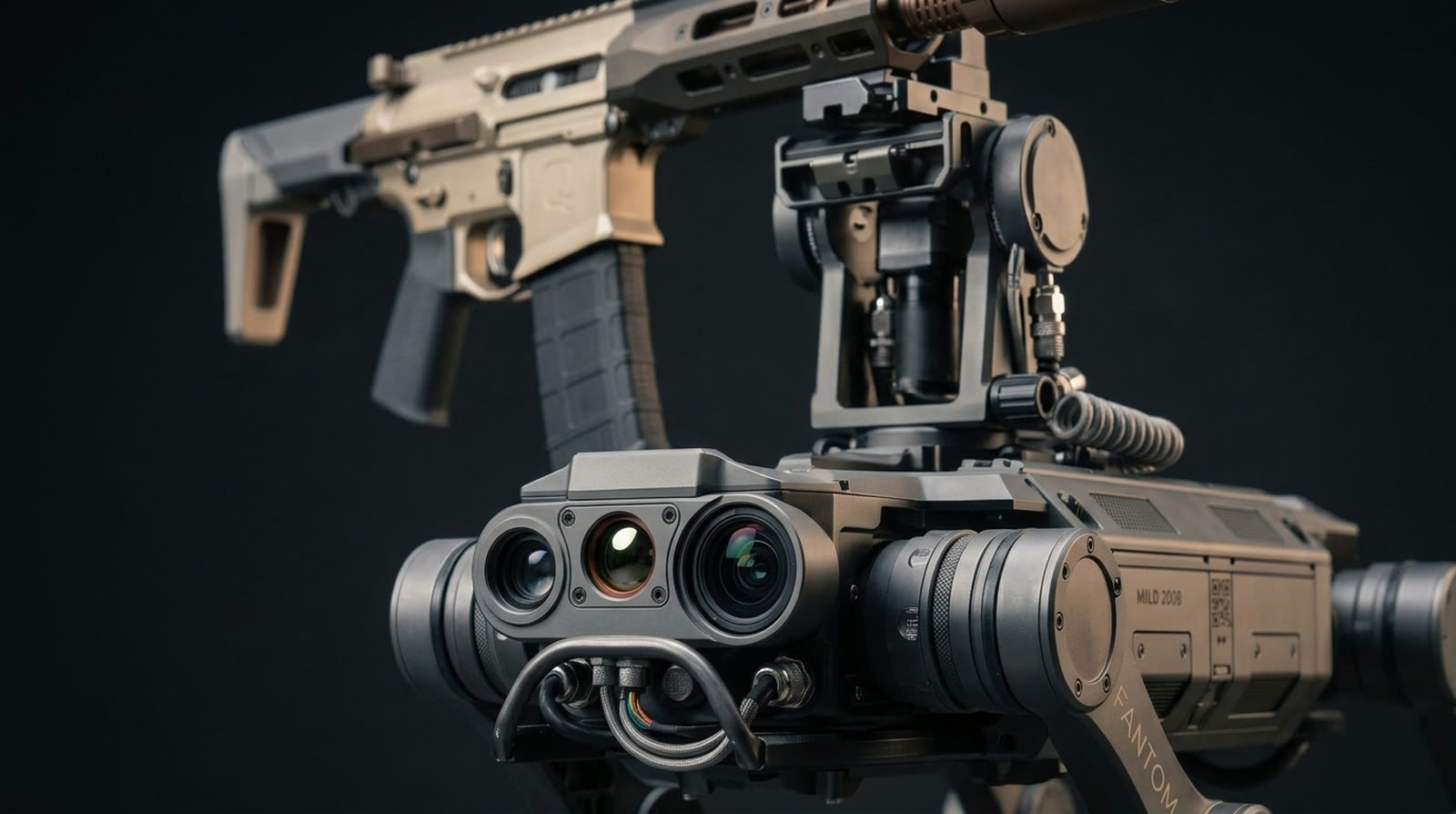 Detail of the sensor head: thermal window, low-light lens and main camera behind protective bezels, with the weapon cradle above
