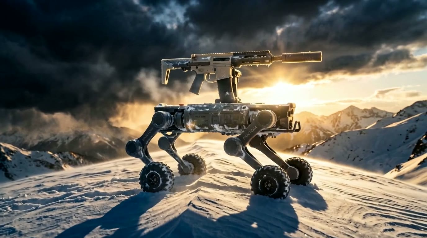 GRIM &mdash; concept render of the armed autonomous wheeled-leg quadruped